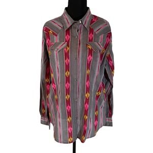 Wrangler Womens Western Snap Shirt Pink Yellow Ikat Stripe Grey Lg Cowgirl Rodeo